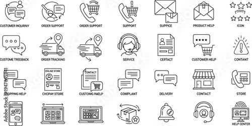 Customer Support and E Commerce Service Line Icon Set Featuring Order Tracking, Delivery, Help Center, Feedback Chat, Online Store and Contact Assistance