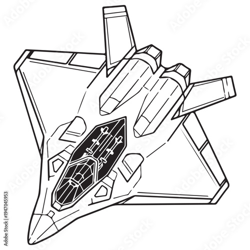 Modern stealth fighter jet aircraft flying in a dynamic aerial perspective, black and white line art illustration for coloring book or technical design, clean minimalist aesthetic.