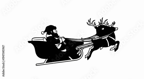 Black and white silhouette of Santa Claus in a sleigh pulled by a reindeer