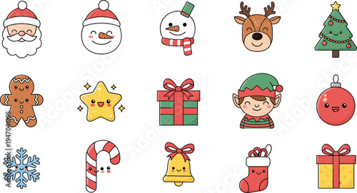 Cute Christmas Holiday Character Icon Set Featuring Santa Claus, Snowman, Reindeer, Elf, Gingerbread Cookie, Gift Boxes, Candy Cane and Festive Decorations