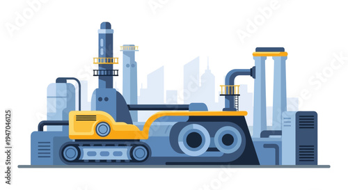Industrial Factory Plant with Heavy Machinery and Production Line. Modern Flat Vector Illustration for Manufacturing and Technology Concepts.