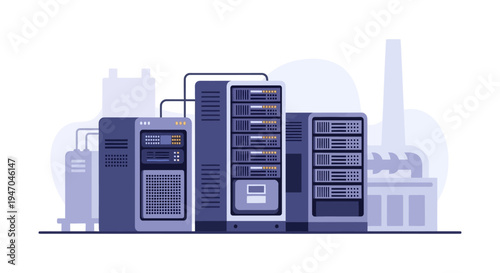 Data Center Server Racks Illustration. Cloud Computing Infrastructure, Network Technology & IT Services Concept in Flat Design