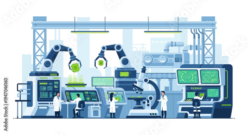 High-Tech Semiconductor Manufacturing & R&D Lab with Robotic Arms and Engineers