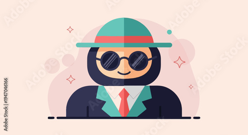 Flat illustration of a person in a suit, tie, hat, and sunglasses