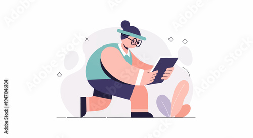 Character with tablet, wearing glasses and headband, in a crouched pose