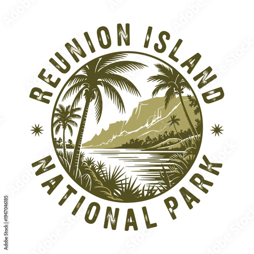 Vintage style emblem of reunion island national park with tropical scenery