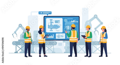 Industrial Engineering Team Analyzing Smart Factory Automation & Production Data on a Digital Display