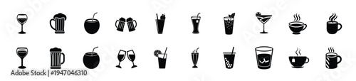 Drink and beverage silhouette icon set featuring wine beer cocktail and coffee mug for bar cafe and more vector illustration or editable stroke
