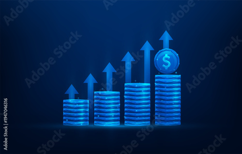 business coin stack and arrow growth wireframe on blue background. save money and investment concept. financial revenue and profit.vector illustration fantastic low poly technology.