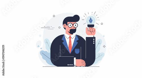 Cartoon businessman holding an idea lightbulb with a flame inside