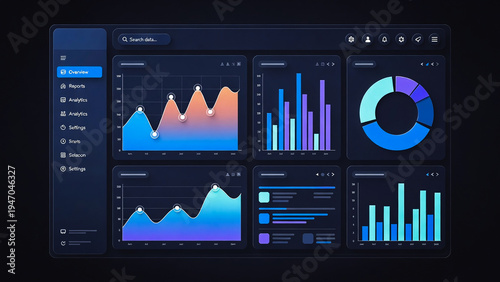 A dark dashboard displays multiple charts: line, bar, and pie graphs. It showcases data visualization.
