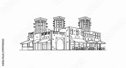 Black and white sketch of traditional buildings with wind catchers and outdoor seating