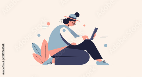 Flat illustration of a woman with hat and glasses using laptop outdoors
