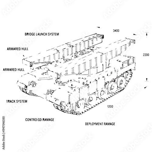 Technical Schematic of an Armored Vehicle-Launched Bridge (AVLB) Military Tank Showing Bridge Launch System, Track System, and Armored Hull Components in a Clean Blueprint Style.