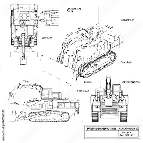 Battlefield Engineering Vehicle Technical Specification Drawing Featuring Multiple Views of Armored Excavator and Dozer Blade with Winch System in a Clean Black and White Line Art Style.
