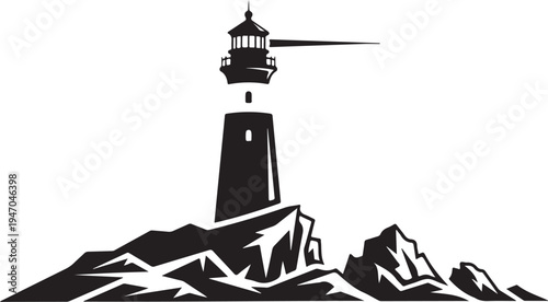Vector lighthouse icon on rocky mountain