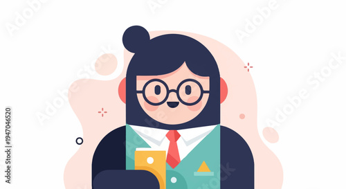Cheerful, bespectacled individual in business attire holds a device