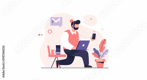 Bearded man with headset on laptop, holding phone, by potted plant