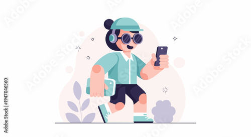 Stylized character with headphones and phone walks, carrying a tablet