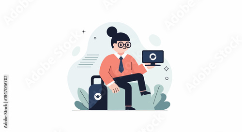 Cartoon person with computer and bag, sitting on a stool