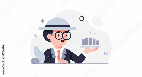 Cartoon businessman in a hat presenting a bar chart on a tray