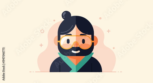 Cartoon man with beard, bun hairstyle, and safety goggles