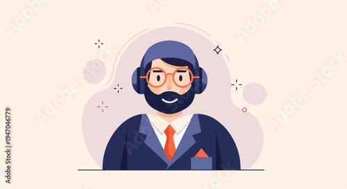 Illustrated professional with beard, glasses, headphones, and suit