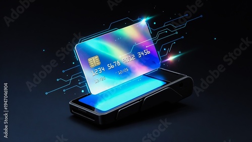 A sleek card floats over a payment terminal, overlaid with glowing circuit lines. It displays vibrant colors and data.
