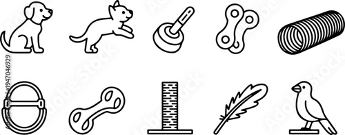 Modern thin line icons for pet industry including domestic animals like dog cat bird and essential toy items