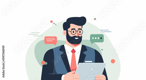 Businessman with beard and glasses holding tablet, chat bubbles