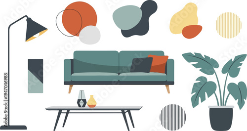 Minimalist living room scene with sofa, lamp, table, plant, and abstract shapes
