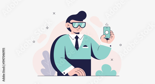 Animated man in suit with glasses takes a selfie with a smartphone