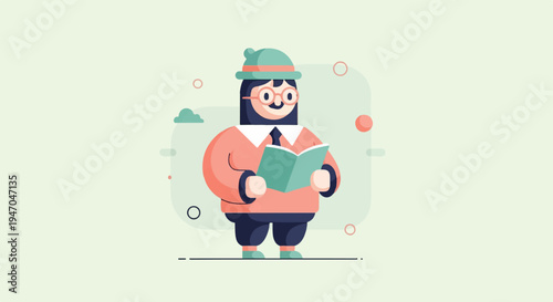 A stylized character wearing a hat and glasses reads a book