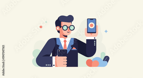 A smiling man in a suit holds two phones, one displaying a circle