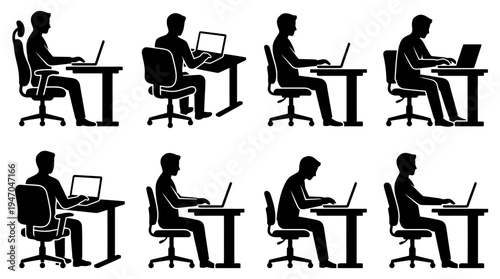 Verschiedene Sitzhaltungen beim Arbeiten am Computer, von ergonomisch korrekt bis ungesund.