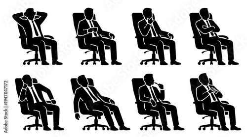 Silhouettes d'hommes d'affaires assis dans des chaises de bureau, illustrant différentes postures et états d'esprit.