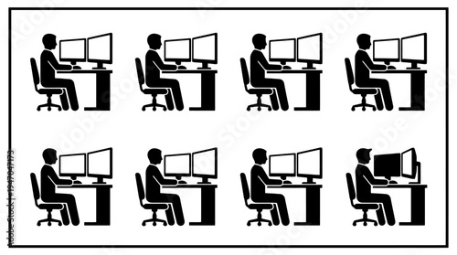 Acht stilisierte Personen sitzen an Schreibtischen mit jeweils zwei Computermonitoren, eine Darstellung von Büroarbeit und Technologie.
