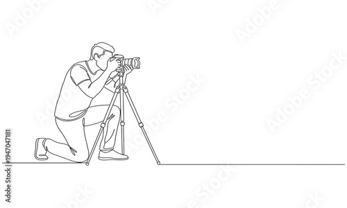 Single continuous line drawing professional photographer man kneeling for taking pictures with digital camera and tripod. Vector illustration simple design