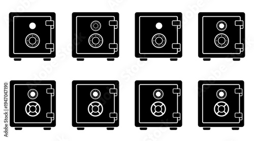 Huit icônes vectorielles noires de coffres-forts avec serrures à combinaison et poignées, sur fond blanc.