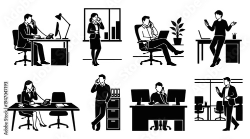 Illustrations monochromes de personnes travaillant dans un bureau, utilisant des ordinateurs et des téléphones pour la communication.