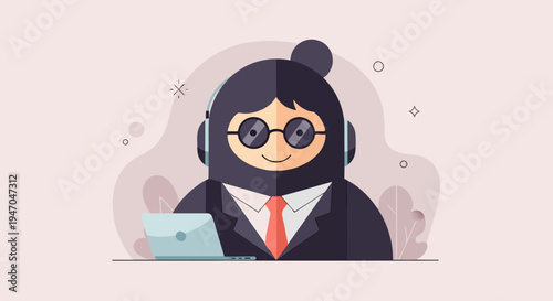 A person in headphones and glasses with a tie sits at a laptop computer