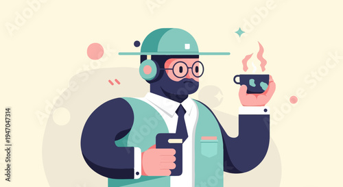 A man with headphones, glasses, and a beard holds a cup of coffee and a phone