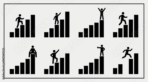 Illustrations de figures humaines stylisées représentant la progression, le succès et les défis sur des graphiques à barres.