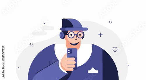 A person wearing headphones and glasses holds a phone, smiling