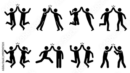 Huit paires de figures bâton noires célébrant avec des high fives, symbolisant la réussite et la collaboration.