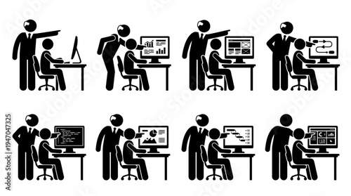 Piktogramme zeigen einen Ausbilder, der einen Schüler oder Angestellten am Computer in verschiedenen Lern- und Arbeitssituationen anleitet.