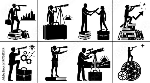 Geschäftsleute mit Teleskopen, die in die Zukunft blicken, auf Büchern und Aktentaschen stehend, symbolisieren Vision und Erfolg.