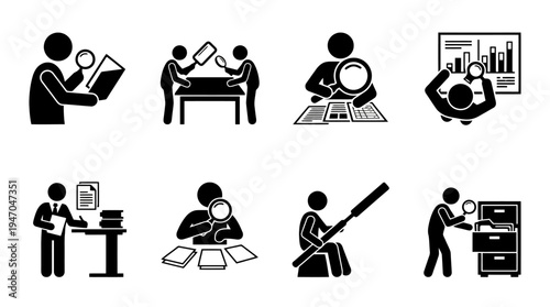 Piktogramme von Personen, die verschiedene Forschungs-, Analyse- und Untersuchungsaktivitäten durchführen.
