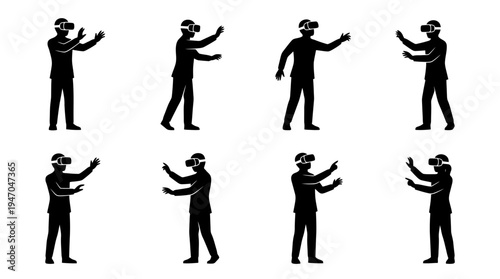 Huit silhouettes de personnes utilisant des casques de réalité virtuelle, interagissant avec des mondes numériques.