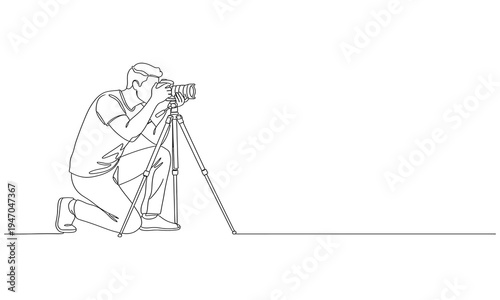 Single continuous line drawing professional photographer man kneeling for taking pictures with digital camera and tripod. Vector illustration simple design